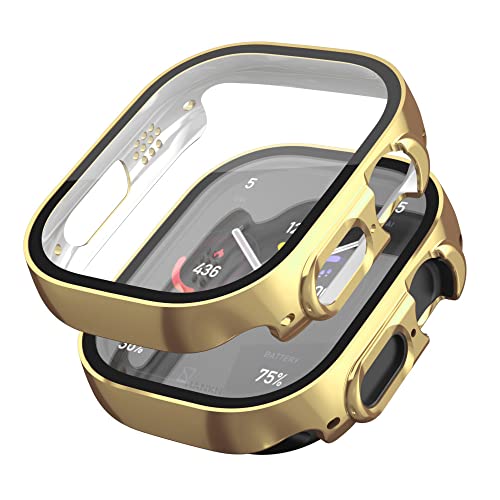 HANKN 2 Stück 49mm Hülle für Apple Watch Ultra/Ultra 2 49mm Hartglas Schutzhülle, Plattiert Hart Bildschirmschutz Gehäuse iWatch Eingebaut Displayschutzfolie (Gold+Gold, 49mm) von HANKN