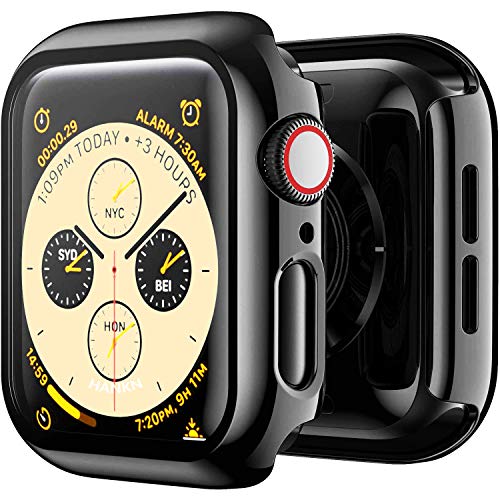 HANKN 2 Stück Hülle für Apple Watch Series 6 5 4 SE 44mm Temperierte Glas Schutzhülle, Plattiert Hart Bildschirmschutz Gehäuse iWatch Eingebaut Displayschutzfolie, Schwarz 44 mm von HANKN