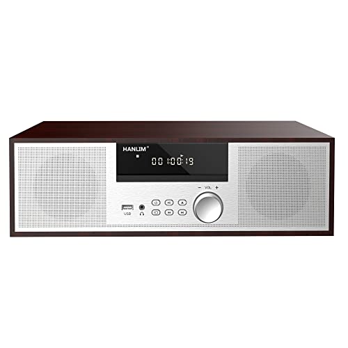 Jahrgang Micro HiFi-System CD-Stereoanlage Mini-Komponente 40W RMS CD-Player UKW/Bluetooth-kompatibel/USB/AUX/Fernbedienung/Kopfhörerbuchse Kompatibel mit hochauflösender Klangquelle,Silber,hölzern von HANLIM