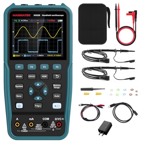 HANMATEK 3 in 1 Handheld Oszilloskop mit 2 Kanälen HO52S 3.5" TFT Oszilloskop,50Mhz Wellenform Generator Multimeter mit beleuchtetem Bildschirm,Auto-Kalibrierung Funktion,Memory-Funktion, Multi Tester von HANMATEK