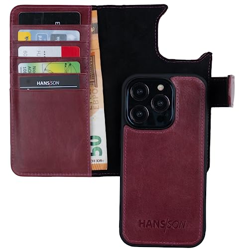 HANS/SON Echt-Leder-Handyhülle für iPhone 14 Pro Max – Schmale 2 in 1 Klapphülle mit Kreditkartenetui, Magsafe kompatibel, stoßfest, Standfunktion, 6,7 Zoll – Magenta von HANS/SON