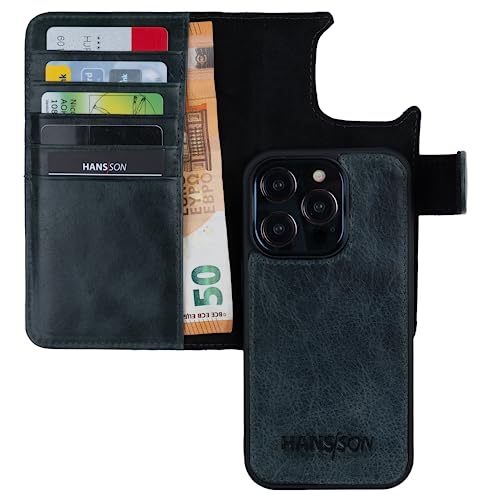 HANS/SON Echt-Leder-Handyhülle für iPhone 14 Pro Max – Schmale 2 in 1 Klapphülle mit Kreditkartenetui, Magsafe kompatibel, stoßfest, Standfunktion, 6,7 Zoll – Petrol von HANS/SON