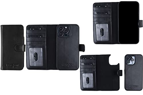 HANS/SON Echt-Leder-Handyhülle für iPhone 14 Pro Max – Schmale 2 in 1 Klapphülle mit Kreditkartenetui, Magsafe kompatibel, stoßfest, Standfunktion, 6,7 Zoll – Schwarz von HANS/SON