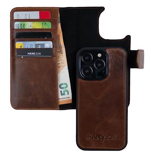 HANS/SON Echt-Leder-Handyhülle für iPhone 14 Pro – Schmale 2 in 1 Klapphülle mit Kreditkartenetui, Magsafe kompatibel, perfekte Passform, stoßfest, Standfunktion, 6,1 Zoll – Cognac von HANS/SON