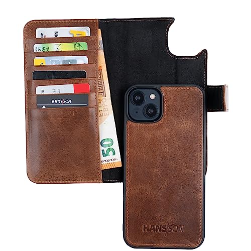 HANS/SON Echt-Leder-Handyhülle für iPhone 14 – Schmale 2 in 1 Klapphülle mit Kreditkartenetui, Magsafe kompatibel, perfekte Passform, stoßfest, Standfunktion, 6,1 Zoll – Cognac von HANS/SON