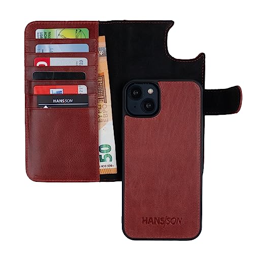 HANS/SON Echt-Leder-Handyhülle für iPhone 14 – Schmale 2 in 1 Klapphülle mit Kreditkartenetui, Magsafe kompatibel, perfekte Passform, stoßfest, Standfunktion, 6,1 Zoll – Rot von HANS/SON