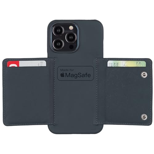 HANS/SON Echt-Leder-Handyhülle für iPhone 15 Pro Max – Falthülle mit 4 Kartenfächern, Magsafe kompatibel, stoßfest, perfekte Passform, 6,69 Zoll – Navy Blau von HANS/SON