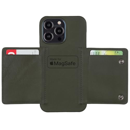 HANS/SON Echt-Leder-Handyhülle für iPhone 15 Pro Max – Falthülle mit 4 Kartenfächern, Magsafe kompatibel, stoßfest, perfekte Passform, 6,69 Zoll – Olive von HANS/SON