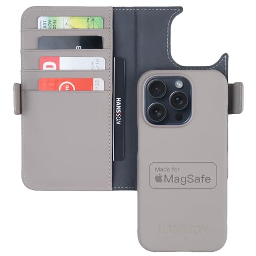 HANS/SON Echt-Leder-Handyhülle für iPhone 15 Pro – Schmale 2 in 1 Klapphülle mit Kreditkartenetui, Magsafe kompatibel, perfekte Passform, stoßfest, 6,12 Zoll – Beige von HANS/SON