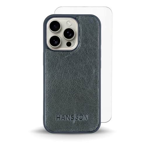 HANS/SON Lederhülle für iPhone 16 Pro, Echtleder, Petrol, Premium Schutz & Stil, inkl. Gratis Displayschutz, MagSafe-kompatibel von HANS/SON