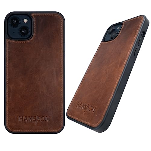 HANS/SON Echtleder Handyhülle für iPhone 14 Plus | Schwarzes Ledercase | 6,7 Zoll | Schmal | Stoßfest | Langlebig | MagSafe | Passgenau | Hülle in Leder in Cognac von HANS/SON