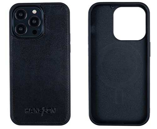 HANS/SON Handyhülle aus Echtleder | iPhone 14 Pro Max | Schwarzes Ledercase | 6,7 Zoll | Schmal | Stoßfest | Passgenau | Langlebig | MagSafe | Lederhülle in Schwarz von HANS/SON