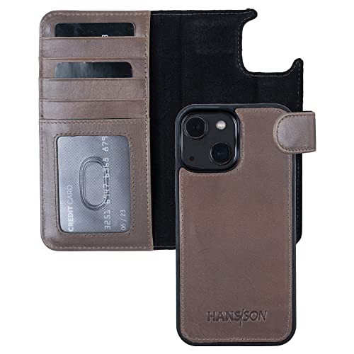 HANS/SON Handyhülle aus Echtleder kompatibel mit iPhone 13, Grau, Lederhülle mit Kartenfächern, abnehmbarem Case und MagSafe von HANS/SON