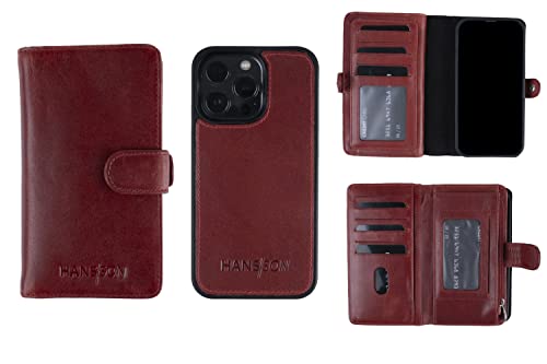 HANS/SON Handyhülle aus Leder für iPhone 13 Pro Max | 2-in-1 Schutzhülle in Rot aus Echtleder | Geldbeutel | Kartenfächer | Münzfach | Klappbar | MagSafe | Rotes Leder Case von HANS/SON