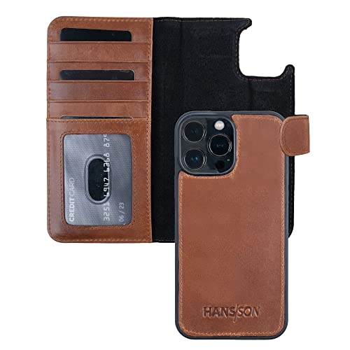 HANS/SON Klappbare Echtleder Handyhülle Cognac | iPhone 13 Pro Ledercase mit Kartenfächern | Lederhülle mit Scheinfach | Stossfest | Magsafe geeignet | Magnetische Klapphülle in Cognac von HANS/SON