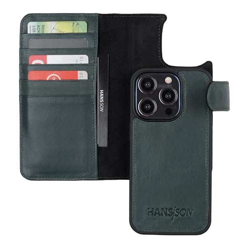 HANS/SON Klappbare Echtleder Handyhülle | iPhone 15 Pro Ledercase mit Kartenfächern | Lederhülle mit Scheinfach | Stossfest | Kabelloses Laden kompatibel | Magnetische Klapphülle | Petrol von HANS/SON