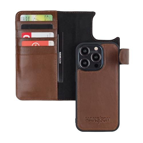 HANS/SON Klappbare Echtleder Handyhülle | iPhone 15 Pro Max Ledercase mit Kartenfächern | Lederhülle mit Scheinfach | Stossfest | Kabelloses Laden geeignet | Magnetische Klapphülle | Cognac von HANS/SON