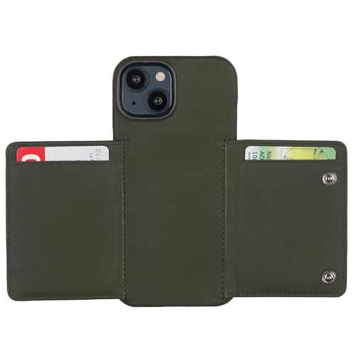 HANS/SON Leder-Falt Handyhülle | iPhone 15 | Echtleder | 6,12 Zoll | Aufklappbar | Stoßfest | 2 in 1 Hülle | Kreditkartenetui | Kabelloses Laden | Olive von HANS/SON
