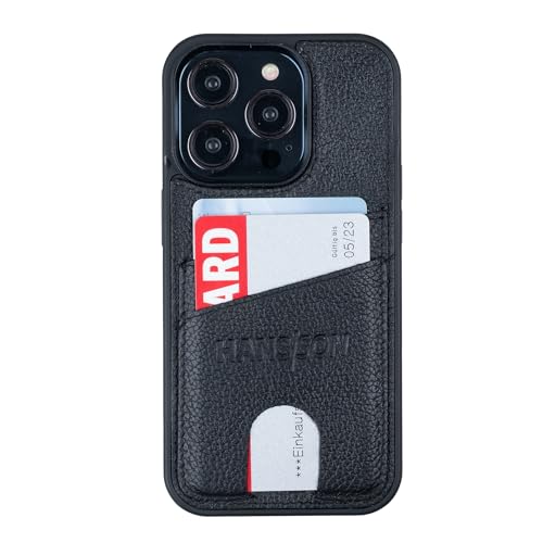 HANS/SON Leder Handyhülle mit Zwei Kartenfächern | iPhone 14 Pro | Schwarz | Echtleder | 6,1 Zoll | Schmal | Kreditkartenhülle | Stoßfest | 2 in 1 Hülle | Handycase von HANS/SON