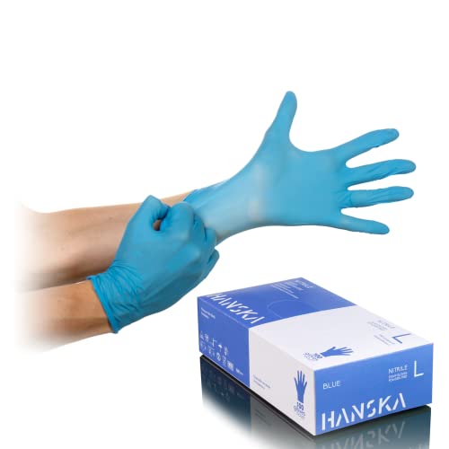 HANSKA Einweghandschuhe aus Nitril, blau, puderfrei, Einsatz und Wett, beidhändig, nicht steril – Gummibasis – Geeignet für medizinische Bereiche, Lebensmittelhandhabung (100, L) von HANSKA