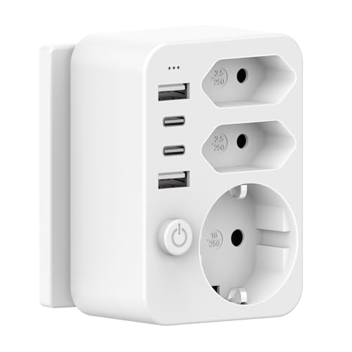 HANYEAL Mehrfachsteckdose mit USB Netzstecker,Doppelstecker für USB C Steckdose, Steckdosenadapter,Reiseadapter 4 USB (2×A + C) 3.4A Schnellladung, Sicherheitsschalter & LED – Kompakt für Reisen/Haus von HANYEAL