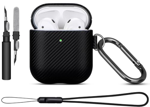 Haobobro [Karbonfaser Textur] AirPods 2 Hülle Case - Premium PU Leder Schutzhülle mit Reinigungsset & Karabiner & Tragebandschlaufe - kompatibel mit AirPods 2. / 1. Generation Kopfhörer - Schwarz von HAOBOBRO