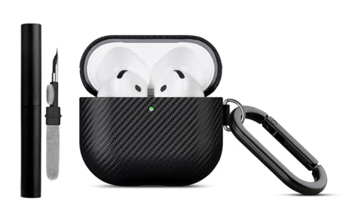 Haobobro [Karbonfaser Textur] Handgefertigt für AirPods 4 Hülle Case - Premium PU Leder Schutzhülle mit Karabiner & Reinigungsset - kompatibel mit AirPods 4. Generation Kopfhörer Ladecase - Schwarz von HAOBOBRO
