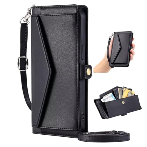 HAOFUGUI für Huawei P10 Lite/Nova Lite Hülle, PU Leder Wallet Flip Cover mit Magnetverschluss Kartenfächer Ständer, Verstellbarem Tragegurt, Premium Leder Flip Case-Schwarz von HAOFUGUI