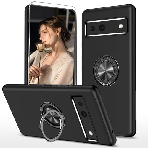 HAONANDE Dünn Handyhülle für Google Pixel 7A mit Ring Halter, Militär Stoßfest mit Unsichtbare Magnetischer Ständer Schutzhülle, 1 Panzerglas Schutzfolie, Harte PC Armor Case,Schwarz von HAONANDE