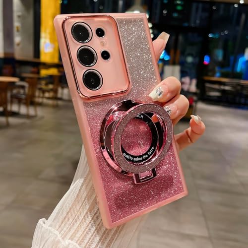 HAONANDE Magnetisch Glitzer Handyhülle für Samsung Galaxy S25 Ultra, Galvanisierte Niedliche Glitzernde Bling Schutzhülle Klar Case für Frauen und Mädchen mit Ständer,Kameraschutz Rosa von HAONANDE