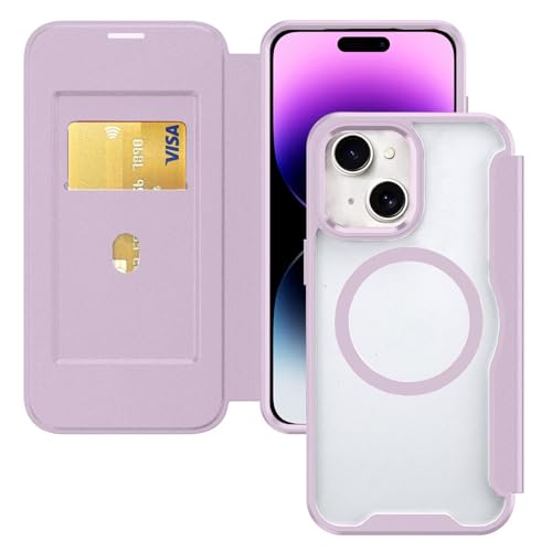 HAONANDE Magnetisch Handyhülle für iPhone 13 / iPhone 14, Klapphülle Kompatibel mit MagSafe, RFID Blocker, Kartenfach, PU Leder Flip Stoßfest Schutzhülle Klar Case Lila von HAONANDE