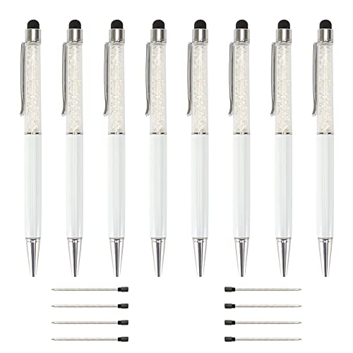 8 Stück Kristall-Diamant-Stylus-Stifte, 2-in-1-Kugelschreiber mit schwarzer Tinte, kapazitive Kugelschreiber mit 8 Ersatzminen, einziehbare Touchscreen-Stifte mit Bling-Strasssteinen für iPad (Weiß) von HAOTIAN-X