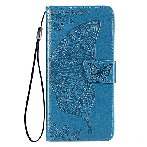 HAOTIAN Hülle für Huawei Y6p 2020 Hülle, Schmetterling Geprägtem PU Leder Magnetische Filp Handyhülle mit Kartensteckplätzen/Standfunktion, Anti-Rutsch Schutzhülle. Blau von HAOTIAN