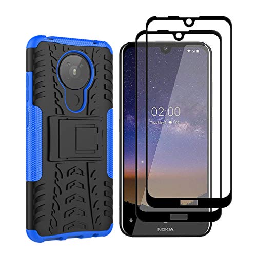 HAOTIAN Hülle für Nokia 5.3 Hülle + 2 Panzerglas, Rugged TPU/PC Hybrid Armor Schutzhülle, Anti-Scratch PC Rückwand Schale + Intern Stoßfeste TPU + Faltbarer Halterungen Handyhülle. Blau von HAOTIAN