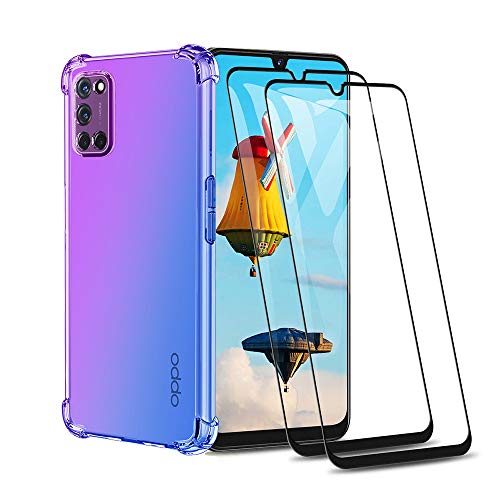 HAOTIAN Hülle für Oppo A52/A72/A92 Handyhülle + 2 Panzerglas, [Vier Ecken Verstärken] Weiche Transparent Silikon Soft TPU Case Schock-Absorption Durchsichtig Schutzhülle (Lila/Blau) von HAOTIAN