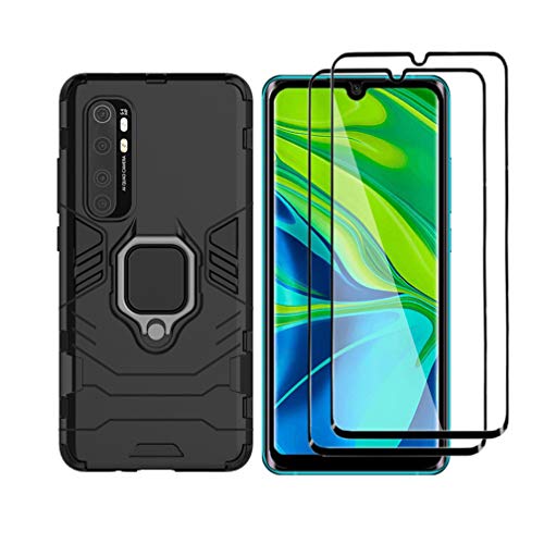 HAOTIAN Hülle für Xiaomi Mi Note 10 Lite + 2 Panzerglas, Handyhülle mit 360 Grad Finger-Halter Kickstand für Magnetische KFZ-Halterung, Silica TPU + Harter PC Hybrid Schutzhülle Cover.Schwarz von HAOTIAN