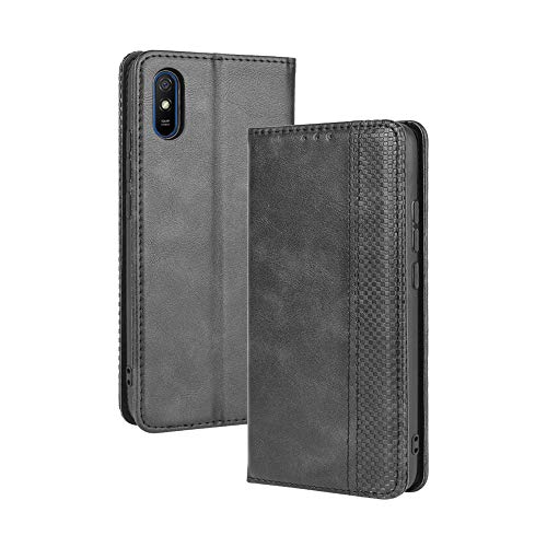 HAOTIAN Hülle für Xiaomi Redmi 9A / Redmi 9AT, Retro Premium PU Leder Flip Schutzhülle, Leder Klapphülle Slim Lederhülle mit Standfunktion & Kartenfach TPU Innenraum Case Handyhülle, Schwarz von HAOTIAN