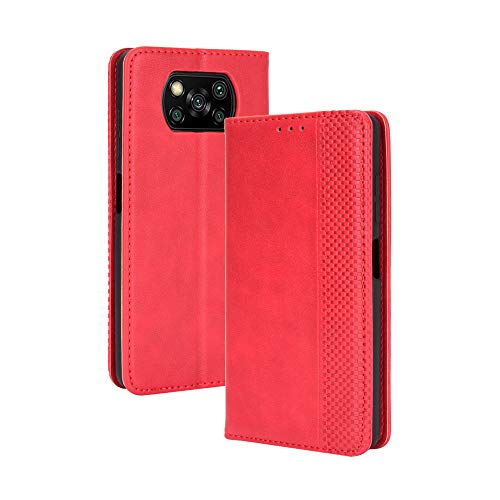 HAOTIAN Leder Hülle für Xiaomi Poco X3 NFC/Poco X3 Pro Hülle, Premium PU/TPU Leder Folio Hülle Schutzhülle Handyhülle, Flip Case Klapphülle Lederhülle mit Standfunktion & Kartensteckplätzen, Rot von HAOTIAN