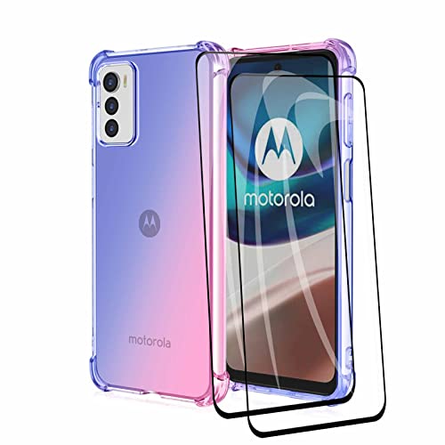 HAOYE Hülle für Motorola Moto G42 Handyhülle + 2 Panzerglas, [Ecken Verstärken] Weiche Transparent Silikon Soft TPU Case Schock-Absorption Schutzhülle (Blau/Rosa) von HAOYE