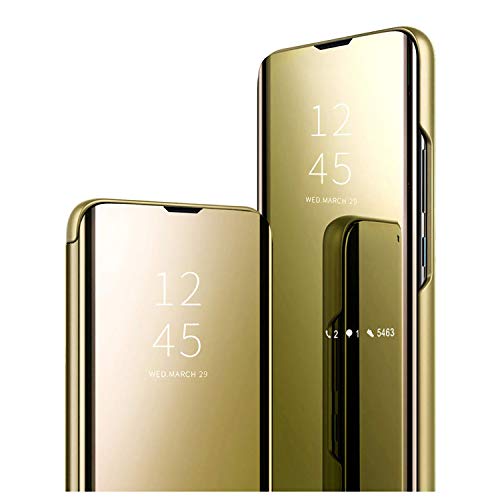 HAOYE Hülle für Samsung Galaxy A14 5G, Spiegel Smart View Handyhülle PC/PU Premium Leder Flip Case Cover, Stand Mirror Schutzhülle mit Klappbarer Ständer. Gold von HAOYE