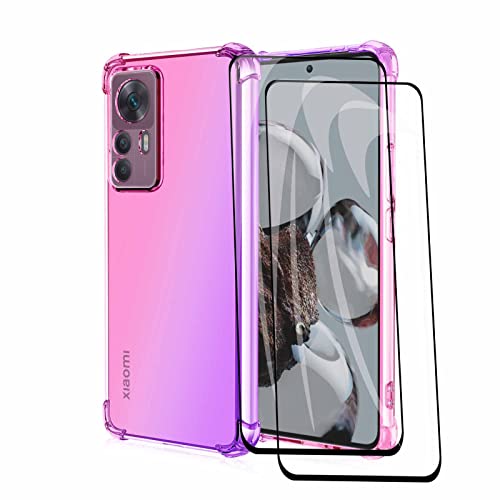 HAOYE Hülle für Xiaomi Mi 12T Pro Handyhülle + 2 Panzerglas, [Ecken Verstärken] Weiche Transparent Silikon Soft TPU Case Schock-Absorption Schutzhülle (Pink/Lila) von HAOYE