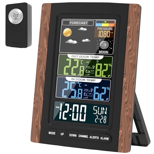 HAPPYMATE Farb-Wetterstation mit Außensensor, Innen- und Außenthermometer, Temperatur, Feuchtigkeit, Wettervorhersage, Wecker, Mondphasen, LCD-Farbdisplay von HAPPYMATE