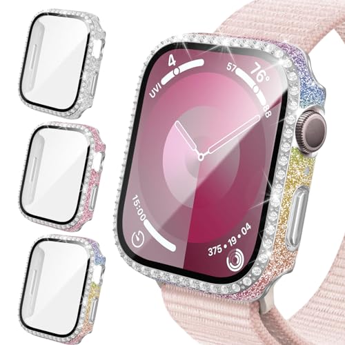 Bling Schutzhülle kompatibel mit Apple Watch 41 mm Serie 9 Serie 8 Serie 7, Glitzer-Diamant-Strasssteine, harte PC-Stoßfängerabdeckung mit gehärtetem Glas Displayschutzfolie für iWatch 9 8 7 41 mm von HASDON