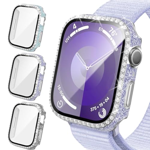 Bling Schutzhülle kompatibel mit Apple Watch 41 mm Serie 9 Serie 8 Serie 7, Glitzer-Diamant-Strasssteine, harte PC-Stoßfängerabdeckung mit gehärtetem Glas Displayschutzfolie für iWatch 9 8 7 41 mm von HASDON