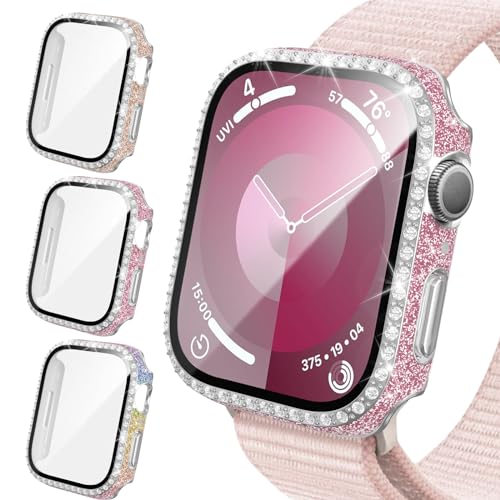 Bling Schutzhülle kompatibel mit Apple Watch 45 mm Serie 9 Serie 8 Serie 7, Glitzer-Diamant-Strasssteine, harte PC-Stoßfängerabdeckung mit gehärtetem Glas Displayschutzfolie für iWatch 9 8 7 45 mm von HASDON