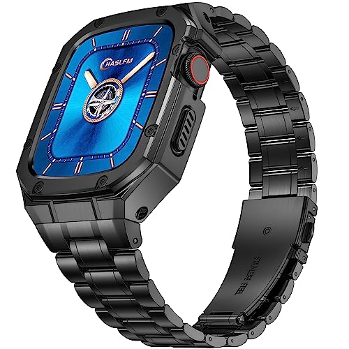 HASLFM Kompatibel mit Apple Watch 44mm 42mm Armband mit Gehäuse, Robustes Ersatzband und Edelstahl Metall Armband für Apple Watch Series SE 6 5 4 3 2 1 für Männer, Schwarz HASLFM Kompatibel mit Apple Watch 44mm 42mm Armband mit Gehäuse, Robustes Ersatzband und Edelstahl Metall Armband für Apple Watch Series SE 6 5 4 3 2 1 für Männer, Schwarz von HASLFM