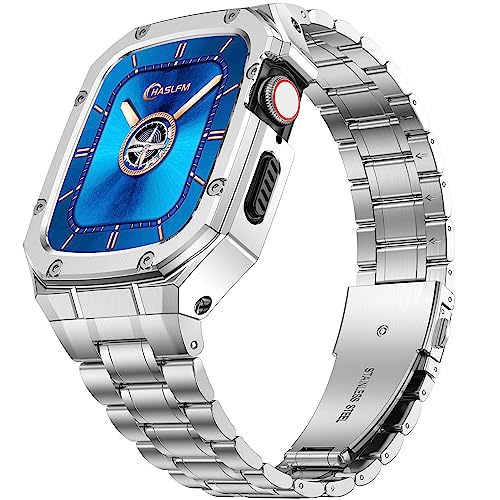 HASLFM Kompatibel mit Apple Watch 45mm Armband mit Gehäuse, Robustes Ersatzband und Edelstahl Metall Armband für Apple Watch Series 9 8 7 für Männer, Silber HASLFM Kompatibel mit Apple Watch 45mm Armband mit Gehäuse, Robustes Ersatzband und Edelstahl Metall Armband für Apple Watch Series 9 8 7 für Männer, Silber von HASLFM