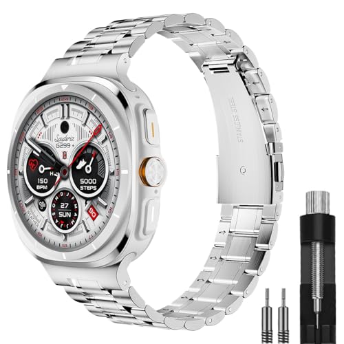 HASLFM Kompatibel mit Samsung Galaxy Watch Ultra 47mm Armband für Damen Herren, Robustes Edelstahl Metal Verstellbares Strap Armband für Galaxy Watch 7 Ultra 47mm (2024), Silber von HASLFM