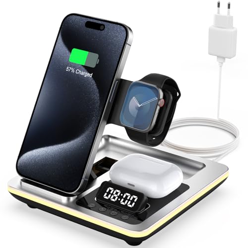 HATALKIN 5 in 1 Ladestation Apple,Induktive Kabelloses Ladegerät Kompatibel mit iPhone 15/14/13/12 Serie,Apple Watch 8/7/6/5/4/3/2/SE,AirPods 3/2/Pro,Wireless Charger iPhone mit Wecker & Nachtlicht. von HATALKIN