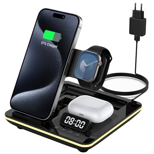 HATALKIN 5 in 1 Ladestation Apple,Induktive Kabelloses Ladegerät Kompatibel mit iPhone 15/14/13/12 Serie,Apple Watch 8/7/6/5/4/3/2/SE,AirPods 3/2/Pro,Wireless Charger iPhone mit Wecker & Nachtlicht. von HATALKIN